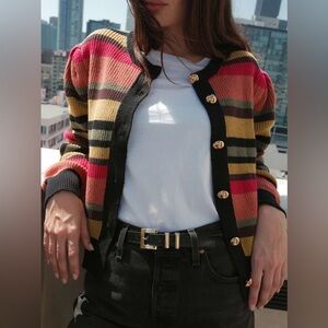 Anthropologie Carmela Crewneck Cardigan Puff Sleeve Cotton Alpaca Nation LTD Med